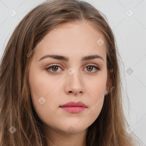 Neutral white young-adult female with long  brown hair and brown eyes