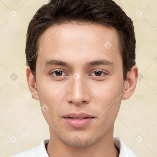 Neutral white young-adult male with short  brown hair and brown eyes