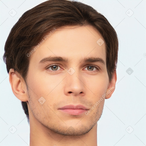 Neutral white young-adult male with short  brown hair and brown eyes