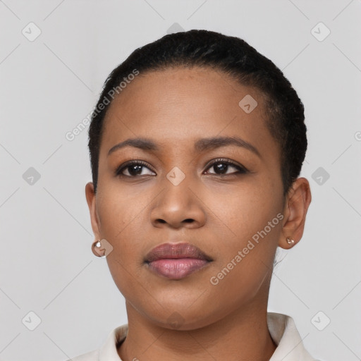 Neutral black young-adult female with short  black hair and brown eyes