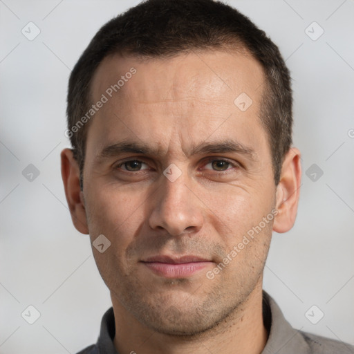 Neutral white adult male with short  brown hair and brown eyes