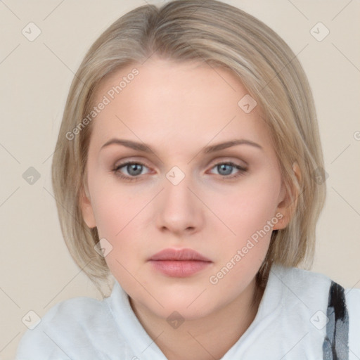 Neutral white young-adult female with medium  brown hair and blue eyes