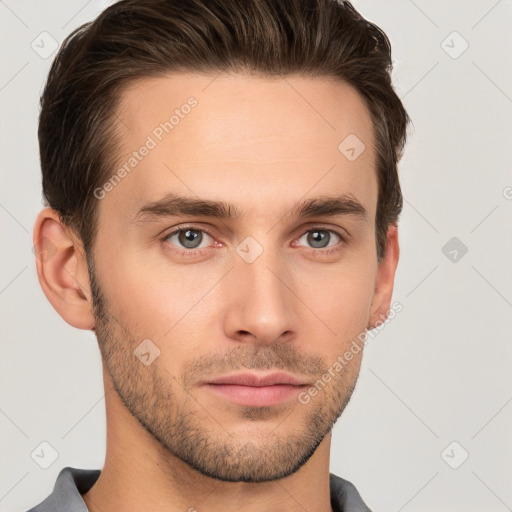 Neutral white young-adult male with short  brown hair and brown eyes