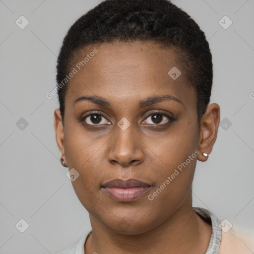 Neutral black young-adult female with short  brown hair and brown eyes