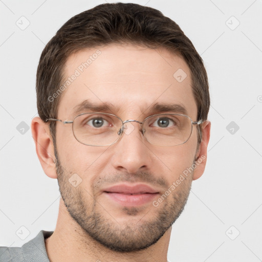 Joyful white adult male with short  brown hair and grey eyes