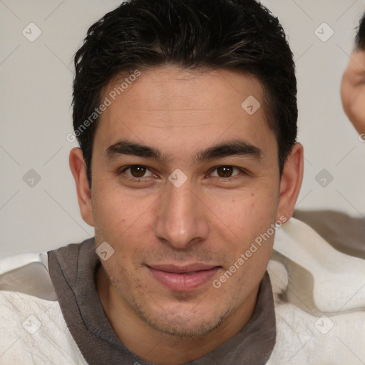 Joyful white young-adult male with short  brown hair and brown eyes