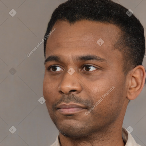 Neutral black young-adult male with short  black hair and brown eyes