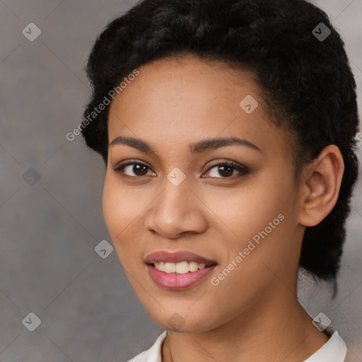 Joyful latino young-adult female with short  black hair and brown eyes