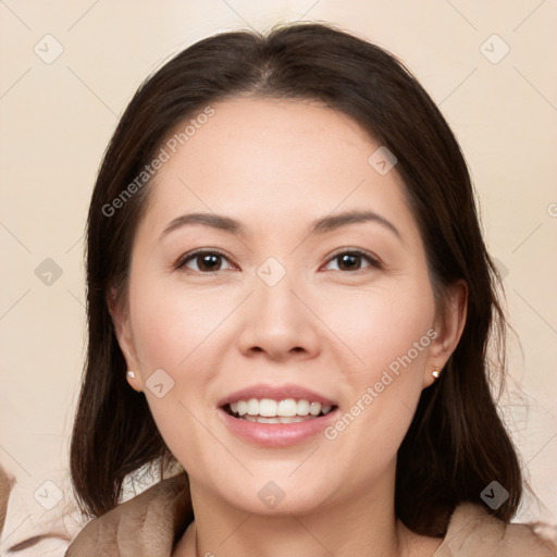 Joyful white young-adult female with medium  brown hair and brown eyes