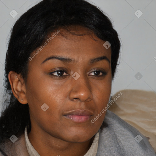 Neutral black young-adult female with medium  brown hair and brown eyes