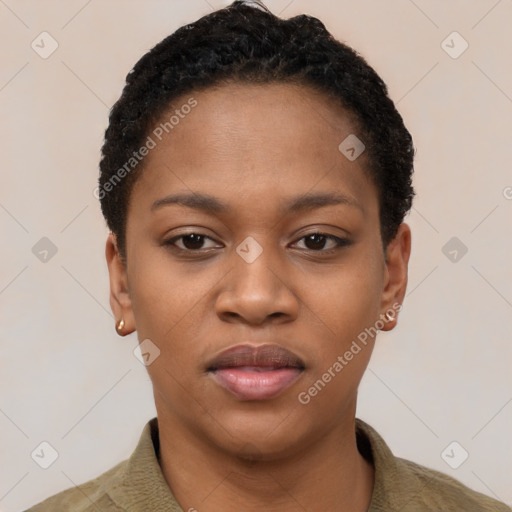 Joyful black young-adult female with short  black hair and brown eyes