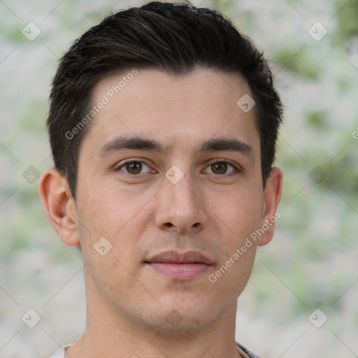 Neutral white young-adult male with short  brown hair and brown eyes