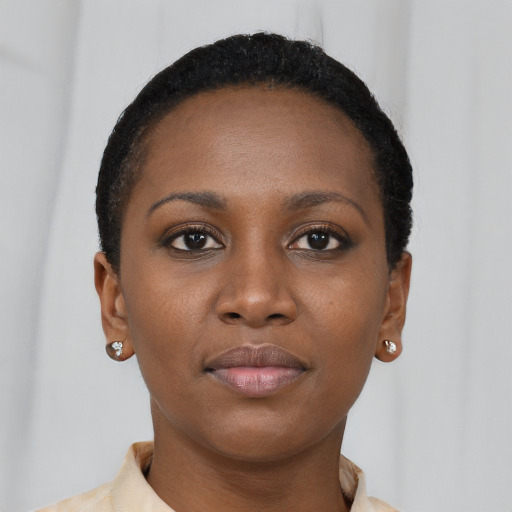 Neutral black young-adult female with short  brown hair and brown eyes