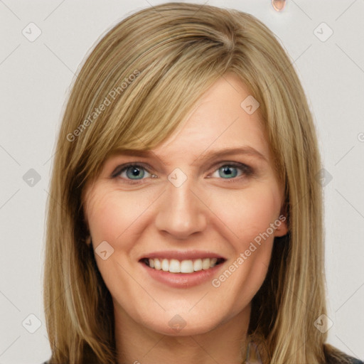 Joyful white young-adult female with long  brown hair and blue eyes