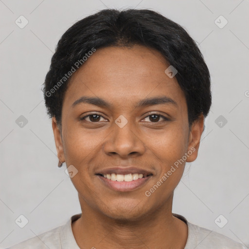 Joyful latino young-adult female with short  black hair and brown eyes