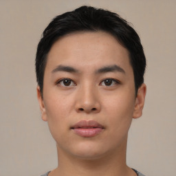 Neutral asian young-adult male with short  black hair and brown eyes