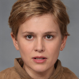 Neutral white young-adult female with short  brown hair and brown eyes