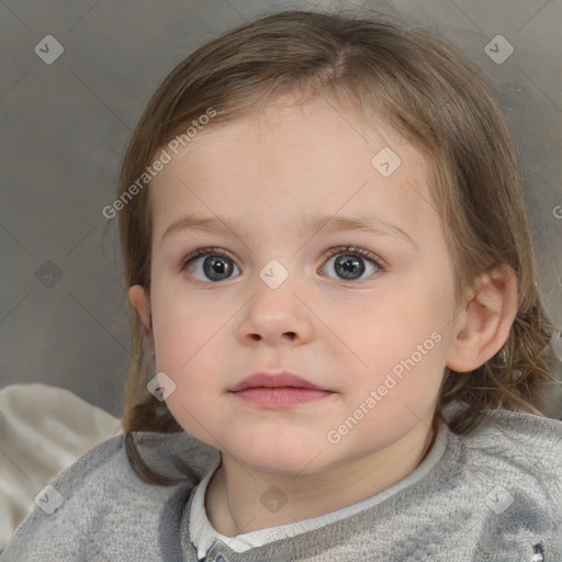 Neutral white child female with medium  brown hair and blue eyes