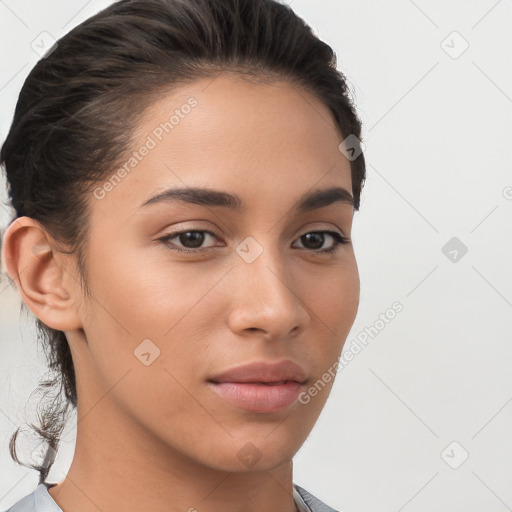 Neutral white young-adult female with short  brown hair and brown eyes