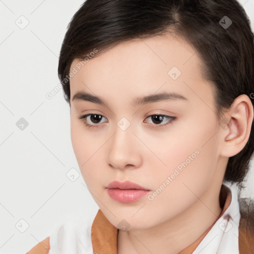 Neutral white young-adult female with medium  brown hair and brown eyes