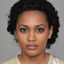 Neutral black young-adult female with short  black hair and brown eyes