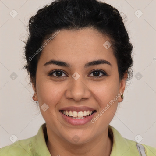 Joyful latino young-adult female with short  brown hair and brown eyes