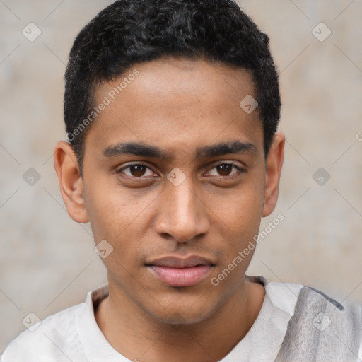 Joyful black young-adult male with short  brown hair and brown eyes