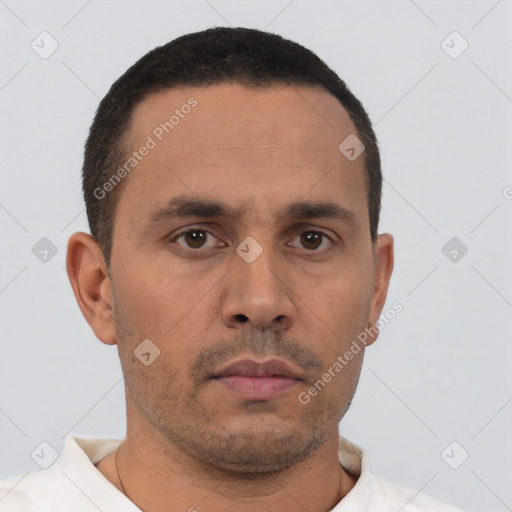 Neutral white adult male with short  brown hair and brown eyes