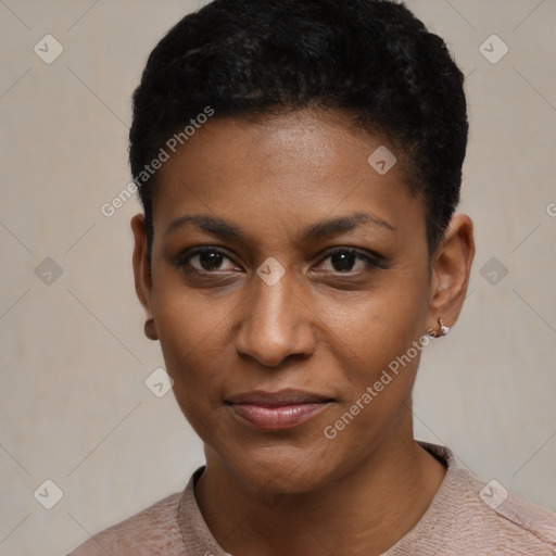 Joyful black young-adult female with short  black hair and brown eyes