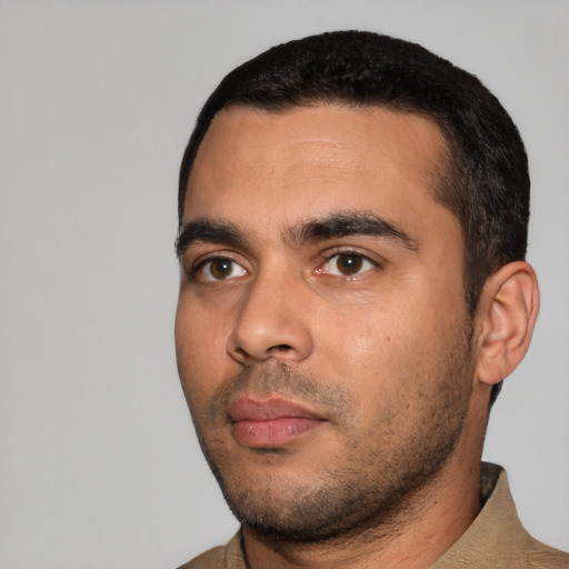 Neutral latino young-adult male with short  black hair and brown eyes