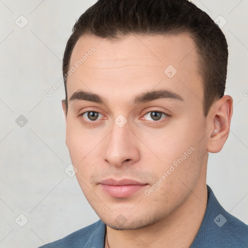 Neutral white young-adult male with short  brown hair and brown eyes