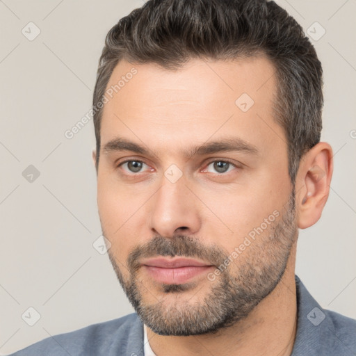 Neutral white young-adult male with short  brown hair and brown eyes