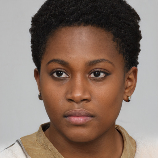 Neutral black young-adult female with short  brown hair and brown eyes