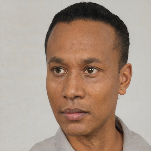 Neutral black adult male with short  black hair and brown eyes