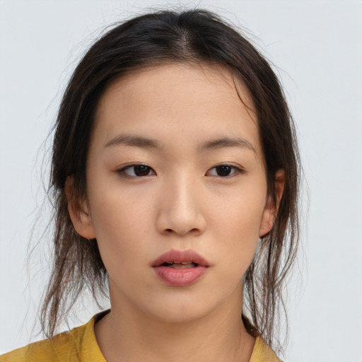 Neutral asian young-adult female with medium  brown hair and brown eyes