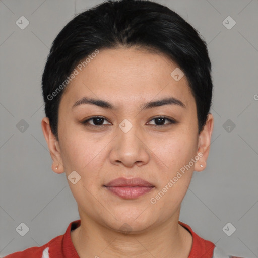 Joyful asian young-adult female with short  black hair and brown eyes