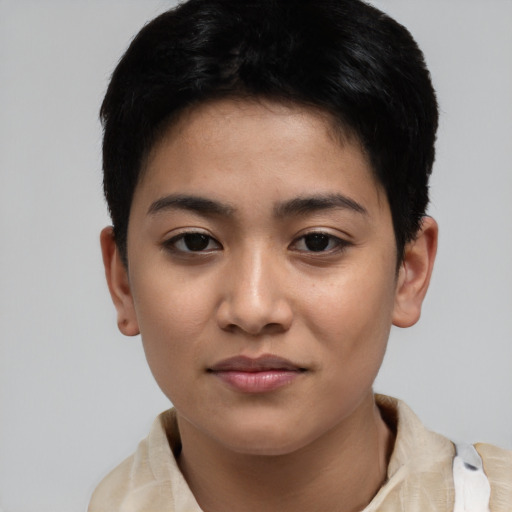 Joyful asian young-adult female with short  brown hair and brown eyes