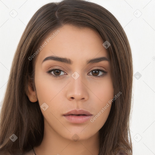 Neutral white young-adult female with long  brown hair and brown eyes