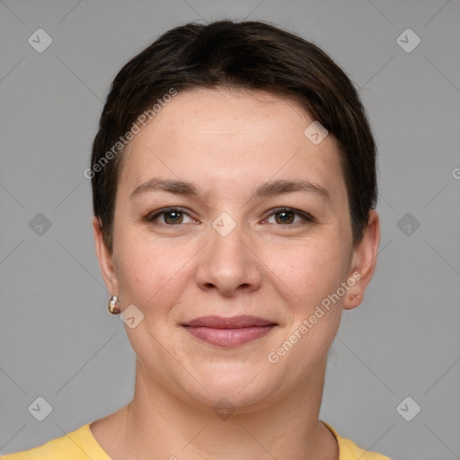 Joyful white young-adult female with short  brown hair and brown eyes