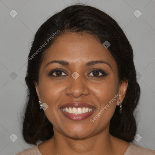 Joyful black young-adult female with medium  brown hair and brown eyes