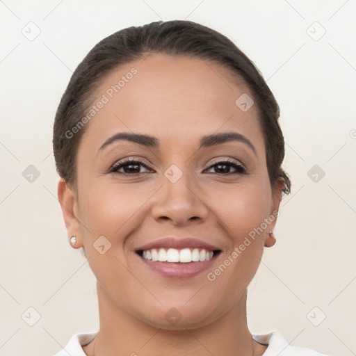 Joyful white young-adult female with short  brown hair and brown eyes