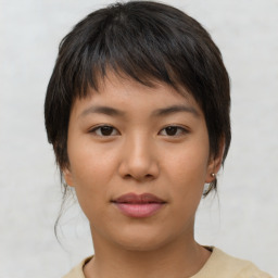 Neutral asian young-adult female with short  brown hair and brown eyes