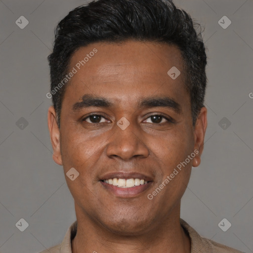 Joyful latino young-adult male with short  black hair and brown eyes