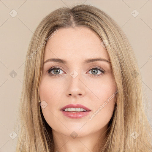 Neutral white young-adult female with long  brown hair and brown eyes