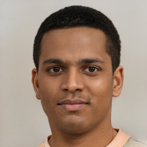 Neutral black young-adult male with short  brown hair and brown eyes