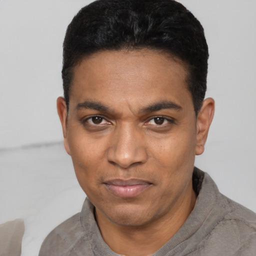Joyful black young-adult male with short  black hair and brown eyes