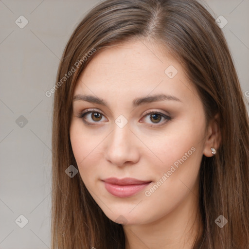 Neutral white young-adult female with long  brown hair and brown eyes