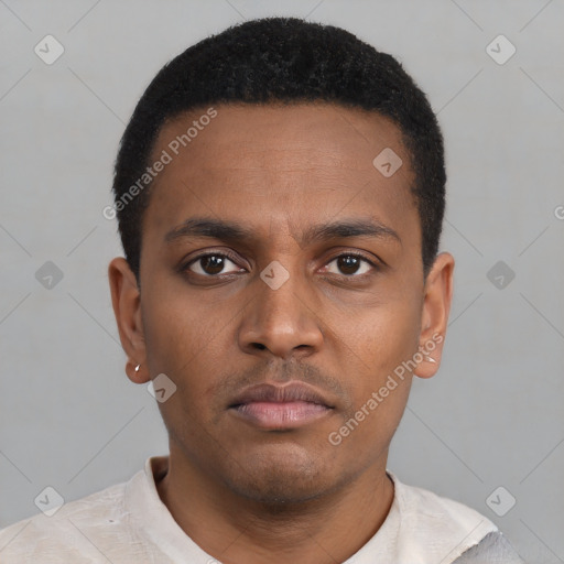 Neutral latino young-adult male with short  black hair and brown eyes