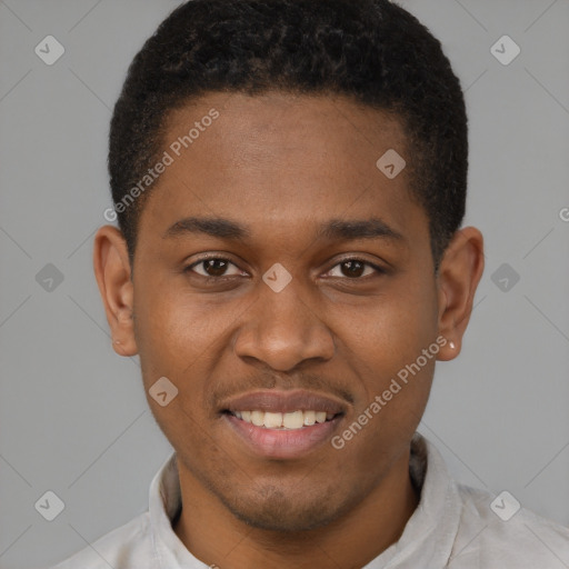 Joyful black young-adult male with short  brown hair and brown eyes