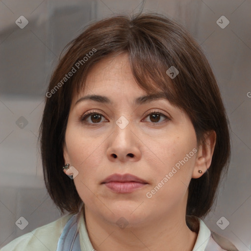 Neutral white young-adult female with medium  brown hair and brown eyes